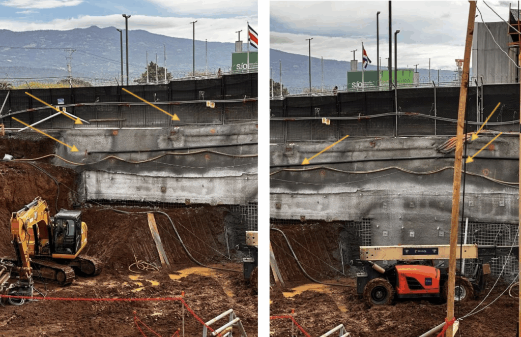 Figuras 3 y 4 Ilustración técnica del proceso de excavación y control continuo del muro con puntos fijos. Fuente: Dalvise, D. (2025). Volio y Trejos.